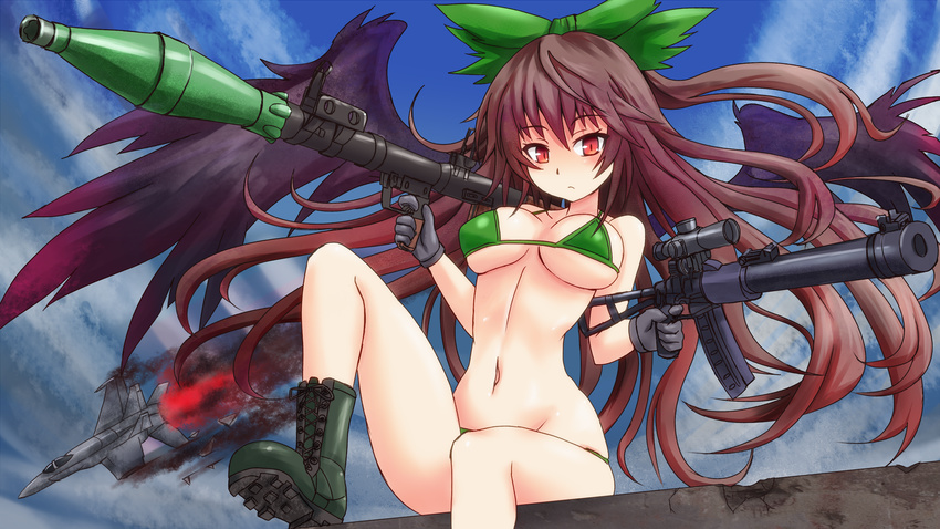 aircraft airplane as_val assault_rifle bare_shoulders bikini black_hair black_wings boots bow breasts cleavage gloves gun hair_bow highres hips jet large_breasts legs long_hair navel red_eyes reiuji_utsuho rifle rocket_launcher rpg scope sitting solo sumapan suppressor swimsuit touhou underboob undersized_clothes very_long_hair weapon wings