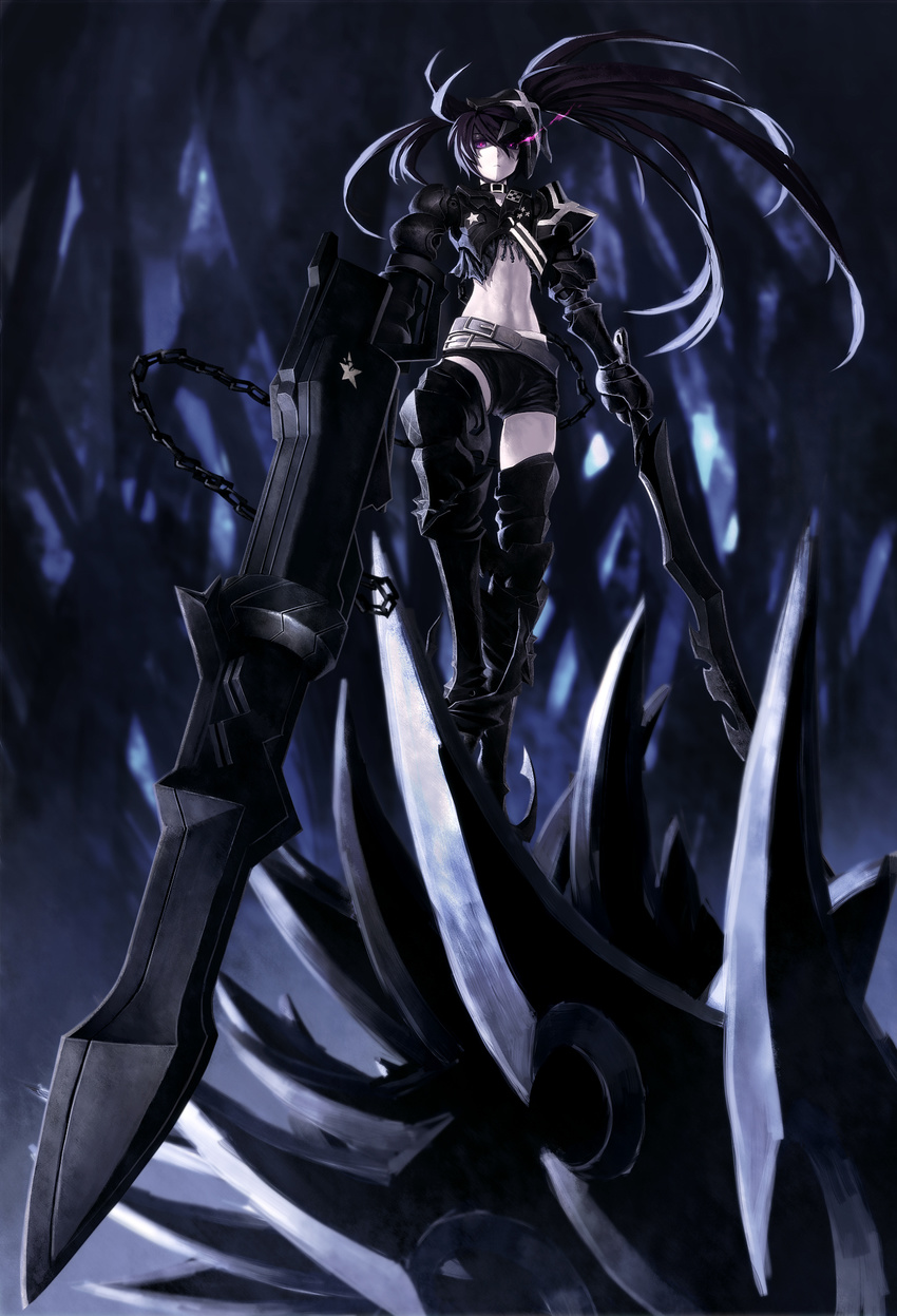 armor belt black_hair black_rock_shooter boots burning_eye chain dual_wielding greaves highres holding huge_weapon insane_black_rock_shooter lain long_hair midriff navel purple_eyes shorts solo thighhighs twintails uneven_twintails weapon