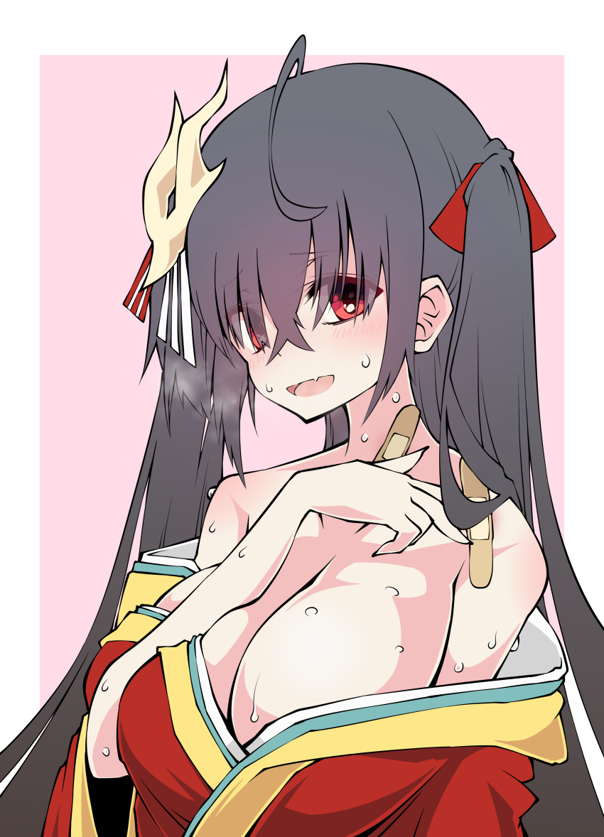 absurdres ahoge azur_lane bandaid bare_shoulders black_hair bow breasts collarbone commentary eyebrows_visible_through_hair eyes_visible_through_hair fang hair_bow highres japanese_clothes kimono large_breasts long_hair mask mask_on_head red_bow red_eyes red_kimono sakakiba_misogi sweat sweating_profusely taihou_(azur_lane) twintails