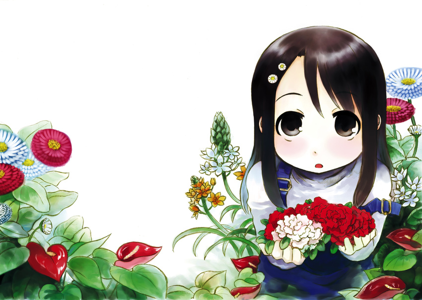 black_eyes black_hair blush flower hair_flower hair_ornament highres kannasetsuna long_hair open_mouth original solo suspenders