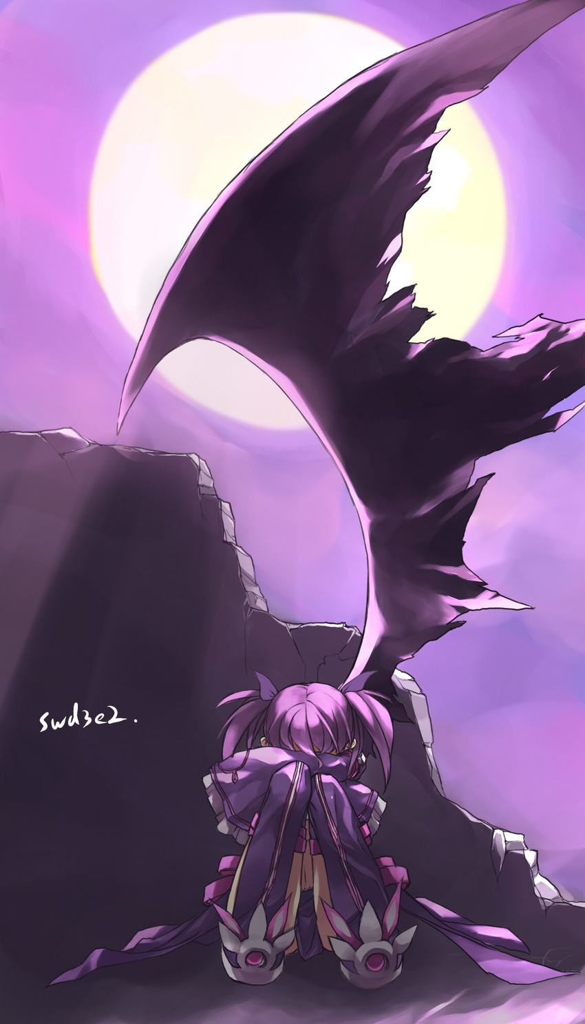aisha_(elsword) bad_id bad_pixiv_id boots elsword full_moon highres moon purple purple_background purple_footwear purple_hair purple_legwear purple_skirt short_hair single_wing skirt solo swd3e2 thighhighs twintails void_princess_(elsword) wings