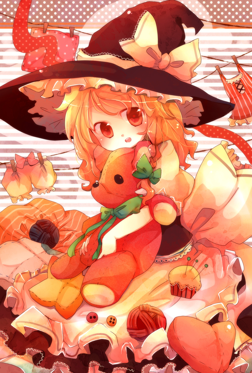 apron blonde_hair bloomers bow braid brown_dress buttons doll_hug dress hair_ribbon hat hat_ribbon highres kirisame_marisa laundry nanahamu needle open_mouth red_eyes ribbon sitting smile solo star stuffed_animal stuffed_toy teddy_bear touhou underwear waist_apron witch_hat wool