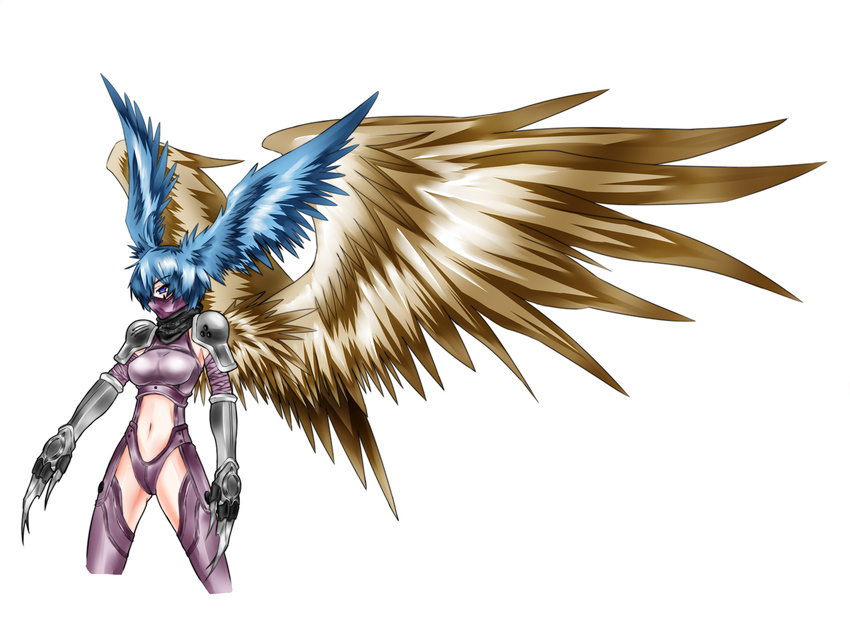1girl arm_guards blue_hair breastplate claws digimon digimon_frontier elbow_gloves female garter_belt gloves lingerie mask monster_girl muffler purple_eyes scarf shoulder_pads shutumon simple_background solo talons text thighhighs underwear wings zephyrmon
