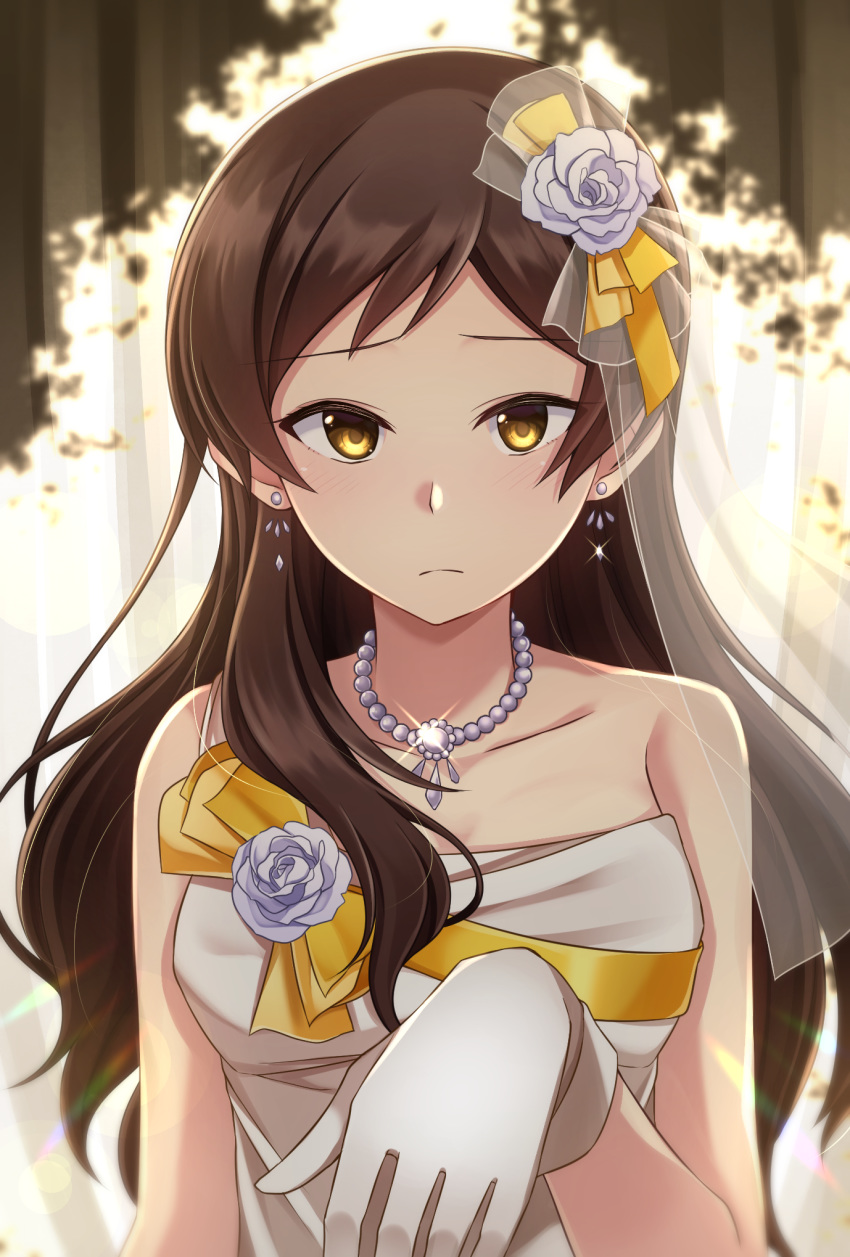 1girl black_rabbit blurry blurry_background brown_hair collarbone dress earrings eyebrows_visible_through_hair flower frown gloves hair_flower hair_ornament hair_over_shoulder highres idolmaster idolmaster_million_live! idolmaster_million_live!_theater_days jewelry kitazawa_shiho long_hair looking_at_viewer necklace rose shiny shiny_hair sleeveless sleeveless_dress solo strapless strapless_dress upper_body very_long_hair wedding_dress white_dress white_flower white_gloves white_rose yellow_eyes