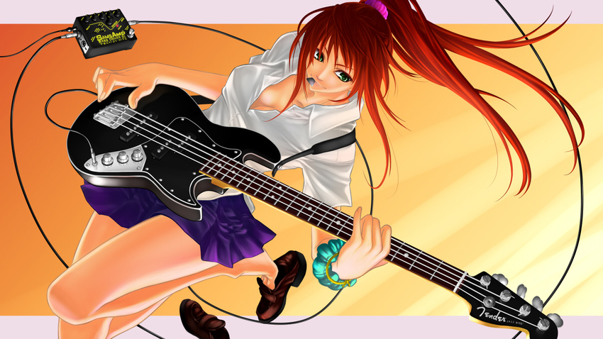 bangle bass_guitar bracelet breasts cable cleavage fender fenrir_(fenlil0316) green_eyes instrument jewelry long_hair medium_breasts mouth_hold music original playing_instrument pleated_skirt plectrum ponytail red_hair scrunchie shirt shoes_removed skirt solo