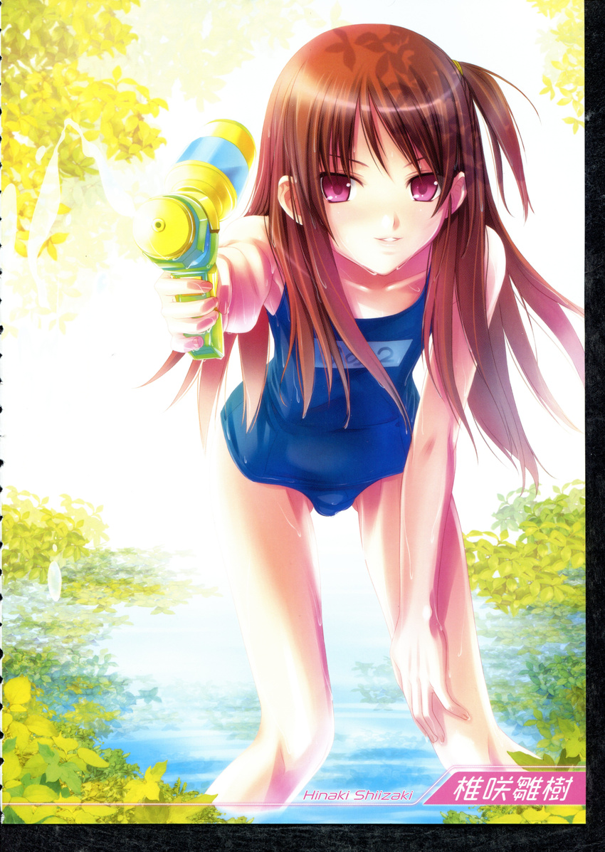 1boy absurdres androgynous brown_hair bulge crossdressing highres little_penis long_hair looking_at_viewer male male_focus oto_nyan outdoors penis red_eyes school_swimsuit small_penis solo swimsuit trap water_gun wet