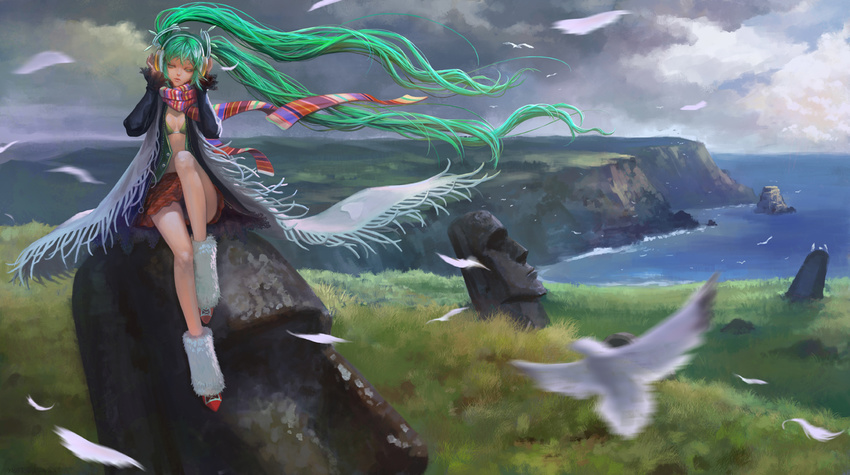 aqua_eyes aqua_hair bikini_top bird blurry chile cliff cloud collaboration depth_of_field easter_island feathers grass hatsune_miku headphones horizon landmark landscape leg_up leg_warmers listening_to_music long_hair moai motion_blur ocean open_clothes open_shirt outdoors plaid plaid_skirt scarf shirt sitting skirt sky solo squinting statue striped striped_scarf twintails very_long_hair vocaloid wind xiaji yang_yang_(tigu)