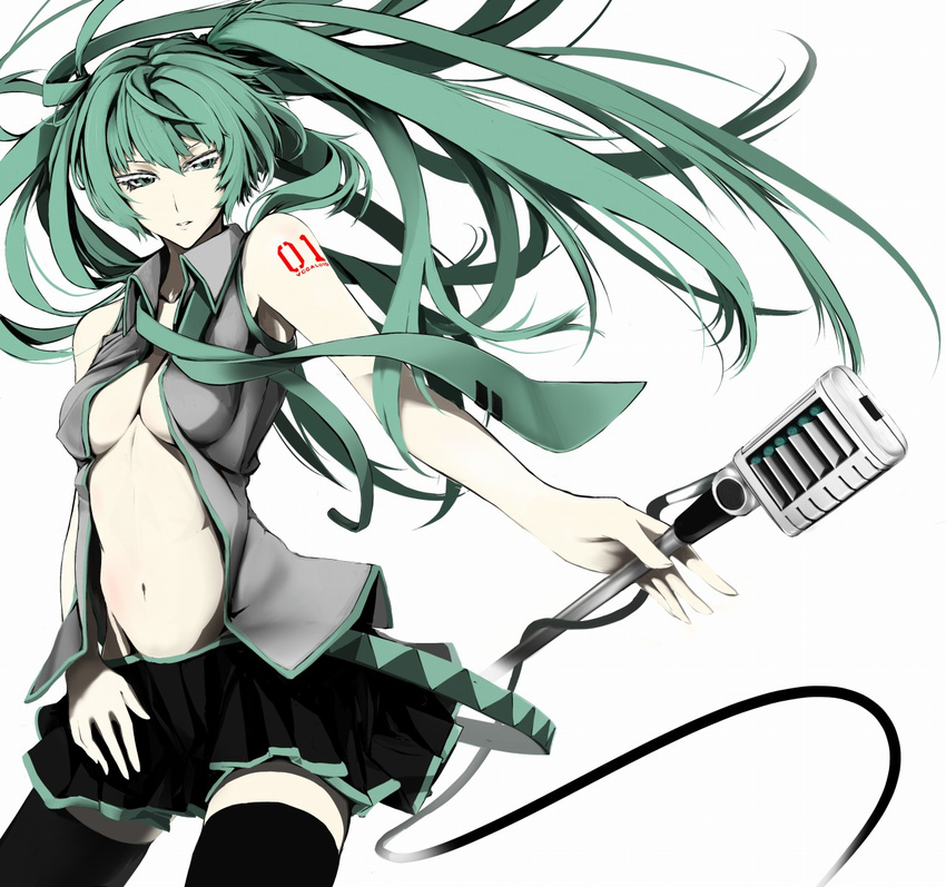erise green_eyes green_hair groin hatsune_miku highres long_hair microphone microphone_stand navel necktie open_clothes open_shirt shirt simple_background skirt solo thighhighs vocaloid white_background