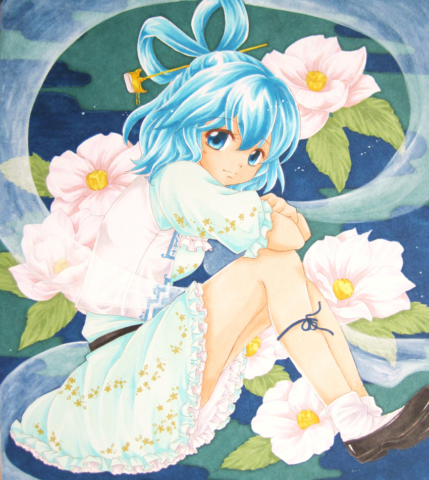 absurdres acrylic_paint_(medium) blue_eyes blue_hair flower hair_ornament hairpin highres kaku_seiga marker_(medium) millipen_(medium) sitting solo touhou traditional_media w0ru