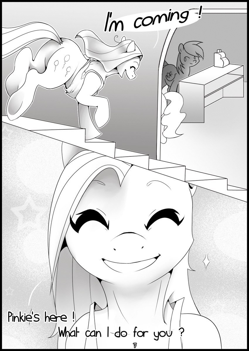 black_and_white cash_register clothing comic cutie_mark dialog english_text equine female feral friendship_is_magic greyscale horse imalou mammal monochrome my_little_pony pegasus pinkamena_(mlp) pinkie_pie_(mlp) pony rainbow_dash_(mlp) smile text wings