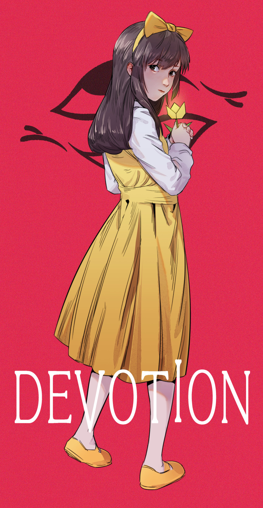 1girl absurdres bangs bow brown_eyes brown_hair copyright_name devotion dress du_meishin flower full_body hair_bow hairband highres holding huge_filesize long_hair long_sleeves looking_at_viewer pantyhose red_background shirt sleeveless sleeveless_dress solo standing white_shirt yellow_bow yellow_dress yellow_flower yellow_hairband