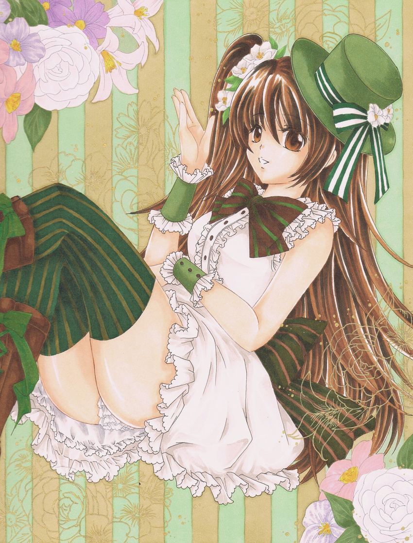 absurdres acrylic_paint_(medium) bad_id bad_pixiv_id boots bow brown_eyes brown_hair flower frilled_panties frills green_footwear green_legwear hat highres marker_(medium) millipen_(medium) original panties pantyshot pantyshot_(sitting) side_ponytail sitting solo striped striped_background striped_legwear thighhighs top_hat traditional_media underwear vertical-striped_background vertical-striped_legwear vertical_stripes w0ru waving wrist_cuffs