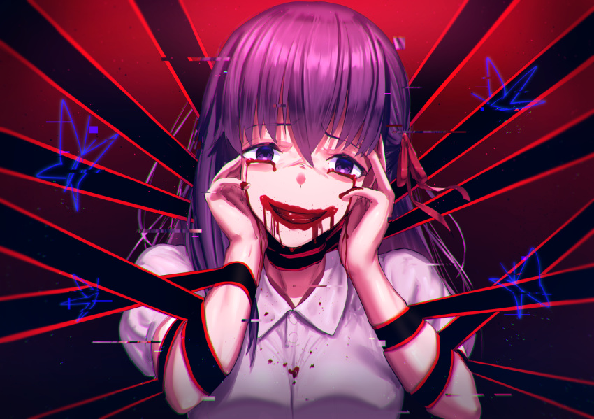 1girl :d absurdres black_ribbon blood blood_on_face bloody_tears bug butterfly fate/stay_night fate_(series) hair_between_eyes hair_ribbon head_tilt highres insect long_hair looking_at_viewer matou_sakura mazeru_(oekaki1210) open_mouth purple_eyes purple_hair red_ribbon ribbon shiny shiny_hair shirt short_sleeves smile solo upper_body white_shirt