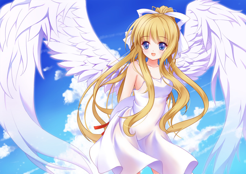 1girl :d air angel_wings arms_behind_back bangs blonde_hair blue_eyes blue_sky cloud collarbone cowboy_shot dress eyebrows_visible_through_hair feathered_wings floating_hair hair_ribbon hat hat_ribbon high_ponytail highres holding holding_hat kamio_misuzu leaning_forward long_hair looking_at_viewer open_mouth red_ribbon ribbon sky sleeveless sleeveless_dress smile solo standing sun_hat very_long_hair white_dress white_hat white_ribbon white_wings wings yumeiro_hanabi