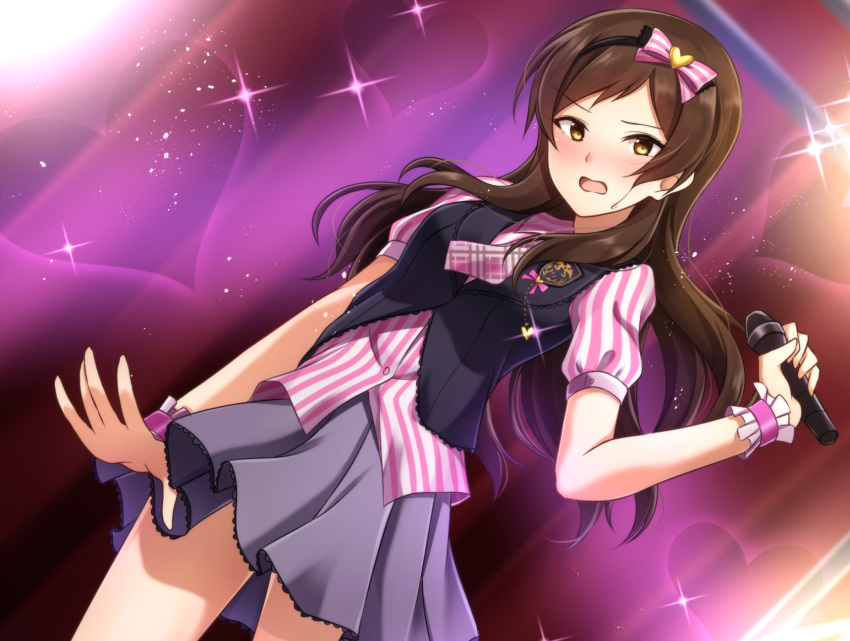 1girl black_hairband black_rabbit blush bow brown_eyes brown_hair dress_shirt dutch_angle floating_hair frilled_skirt frills grey_skirt hair_bow hairband heart highres holding holding_microphone idolmaster idolmaster_million_live! idolmaster_million_live!_theater_days kitazawa_shiho long_hair looking_at_viewer microphone miniskirt open_mouth pleated_skirt shirt short_sleeves skirt solo sparkle stage striped striped_bow striped_shirt very_long_hair wrist_cuffs