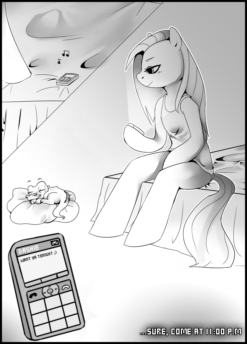 bed black_and_white cellphone clothing comic cupcakesmanga english_text equine female friendship_is_magic gummy_(mlp) horse imalou mammal monochrome my_little_pony phone pinkamena_(mlp) pinkie_pie_(mlp) pony sitting sleeping text