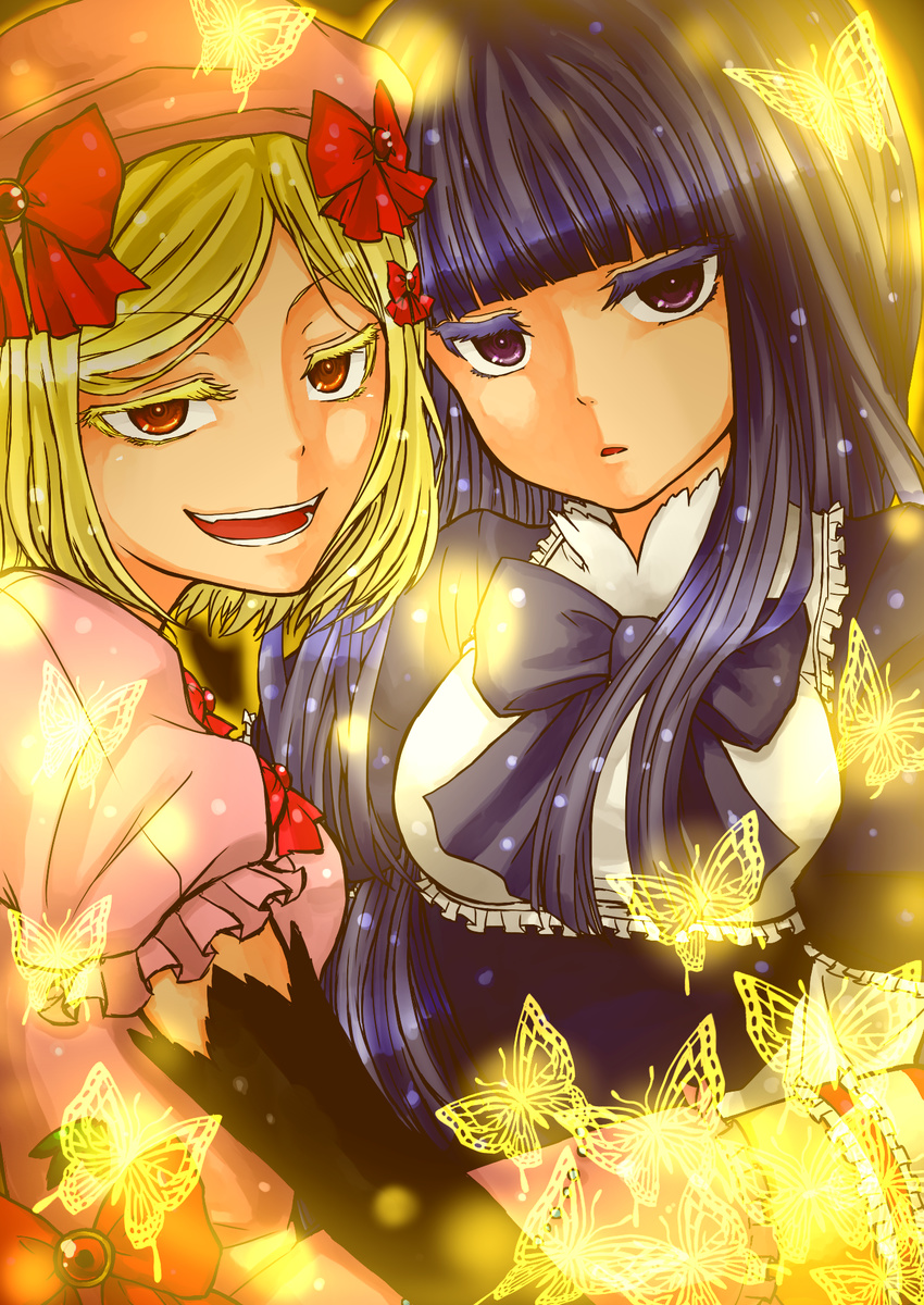 bangs blonde_hair blue_hair blunt_bangs bow bug butterfly colored_eyelashes dress elbow_gloves evil frederica_bernkastel frills gloves hat highres insect lambdadelta long_hair magic multiple_girls nightcross open_mouth parted_lips pink_hat purple_eyes red_eyes short_hair short_sleeves umineko_no_naku_koro_ni