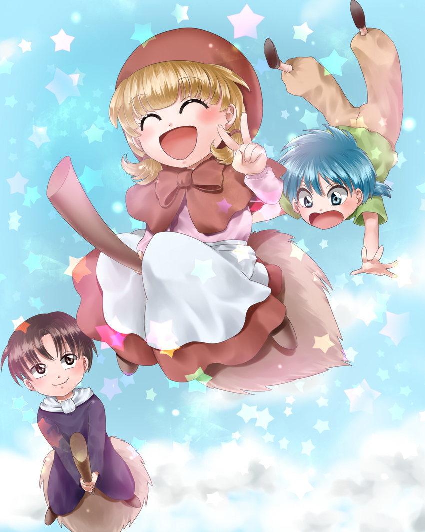 2boys akazukin_chacha blonde_hair blue_eyes blue_hair broom broom_riding brown_eyes brown_hair chacha_(akazukin_chacha) falling highres multiple_boys open_mouth riiya_(akazukin_chacha) shiine_(akazukin_chacha) smile star v wasabi_(legemd)