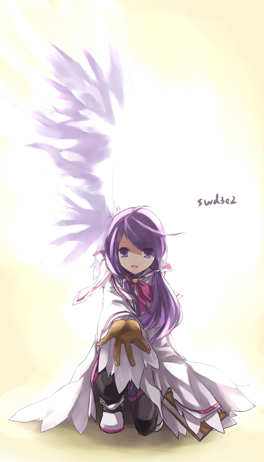 aisha_(elsword) artist_name bad_id bad_pixiv_id bow coat elemental_master_(elsword) elsword hair_over_shoulder highres long_hair one_knee outstretched_hand pink_bow purple_eyes purple_hair single_wing smile solo swd3e2 twintails white_background wings