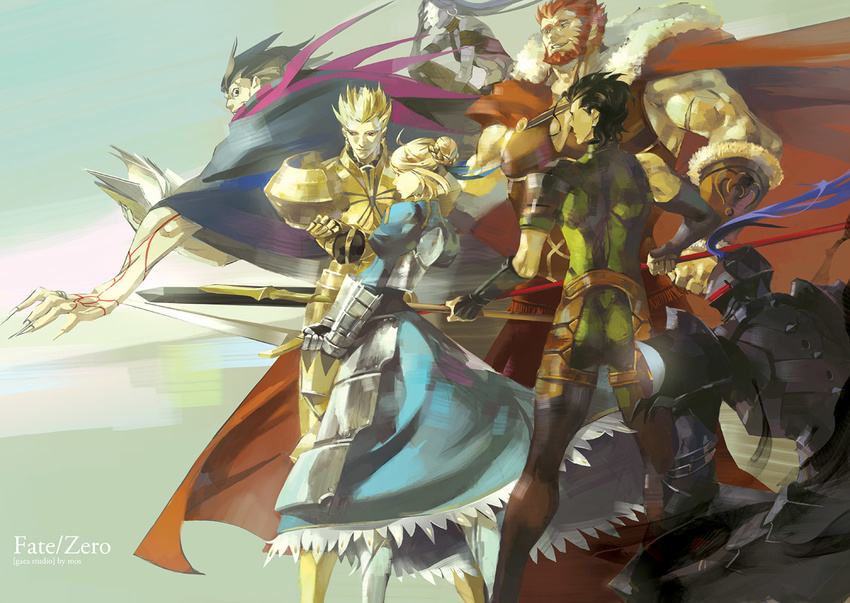 5boys armor artoria_pendragon_(all) assassin_(fate/zero) book cape caster_(fate/zero) fate/zero fate_(series) female_assassin_(fate/zero) full_armor gae_buidhe gae_dearg gilgamesh knight lancer_(fate/zero) mask mos multiple_boys multiple_girls polearm rider_(fate/zero) saber spear sword weapon