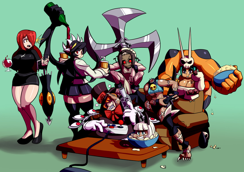 6+girls 6girls :t absurdres alcohol animal_ears annoyed aqua_hair ass bare_shoulders belt black_eyes black_hair black_legwear blue_eyes blush boots breasts brown_hair cat_ears cat_tail ceh_(sprite37) cerebella_(skullgirls) cleavage cross curvy dark_skin dress drink eating eyes filia_(skullgirls) fingerless_gloves futakuchi-onna gloves green_hair grey_hair gun hair_over_one_eye hat headless highres hips impossible_clothes impossible_shirt large_breasts lipstick long_hair makeup mask mechanical_arms minidress miniskirt ms._fortune_(skullgirls) multiple_girls nadia_fortune nail open_mouth orange_eyes orange_hair painwheel_(skullgirls) parasoul_(skullgirls) peacock_(skullgirls) playing_games ponytail prehensile_hair red_eyes red_hair ribbon samson_(skullgirls) scar shirt short_dress short_hair sitting skirt skull skullgirls smile tail thigh_boots thighhighs top_hat umbrella underboob vice-versa_(skullgirls) weapon wide_hips wince wine yellow_eyes zettai_ryouiki