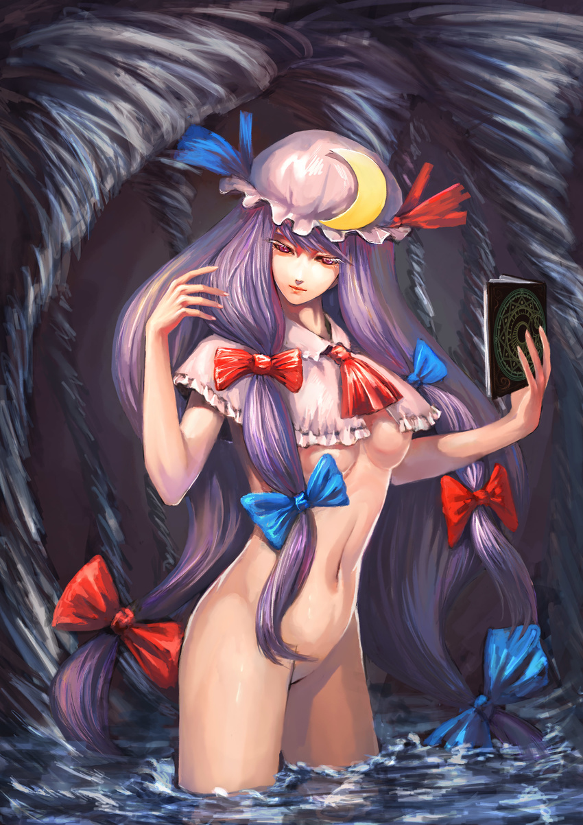 aako absurdres book bottomless breasts crescent hair_ribbon hat highres lips long_hair medium_breasts navel nude patchouli_knowledge purple_eyes purple_hair ribbon smile solo tornado touhou underboob water