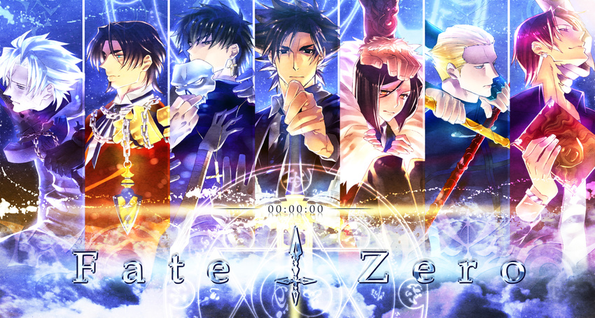 black_hair book brown_hair chain command_spell copyright_name die emiya_kiritsugu excalibur fate/zero fate_(series) gae_buidhe gae_dearg hand_on_another's_face hand_on_hilt highres kayneth_el-melloi_archibald kotomine_kirei logo male_focus mask matou_kariya multiple_boys polearm spear sword toosaka_tokiomi uryuu_ryuunosuke vambraces waver_velvet weapon