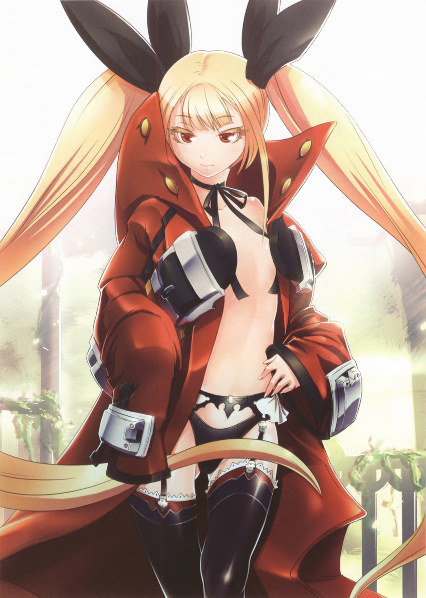 absurdres artist_request ass_visible_through_thighs black_panties blazblue blonde_hair colored_eyelashes cosplay eyelashes flat_chest highres jacket long_hair no_bra official_art open_clothes oversized_clothes panties rachel_alucard ragna_the_bloodedge ragna_the_bloodedge_(cosplay) red_eyes sleeves_past_wrists solo thighhighs twintails underwear very_long_hair