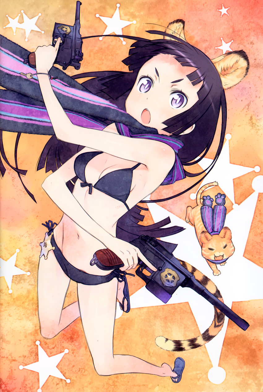 :o absurdres animal_ears bangs bare_shoulders bikini black_bikini black_hair blunt_bangs bracelet breasts cat cleavage dual_wielding flip-flops foreshortening from_above front-tie_top gun handgun highres holding jewelry key kuroboshi_kouhaku long_hair lowleg lowleg_bikini mauser_c96 navel open_mouth original pistol purple_eyes sandals scarf sheriff side-tie_bikini small_breasts solo star starry_background striped striped_scarf swimsuit tail tiger_ears tiger_tail trigger_discipline weapon