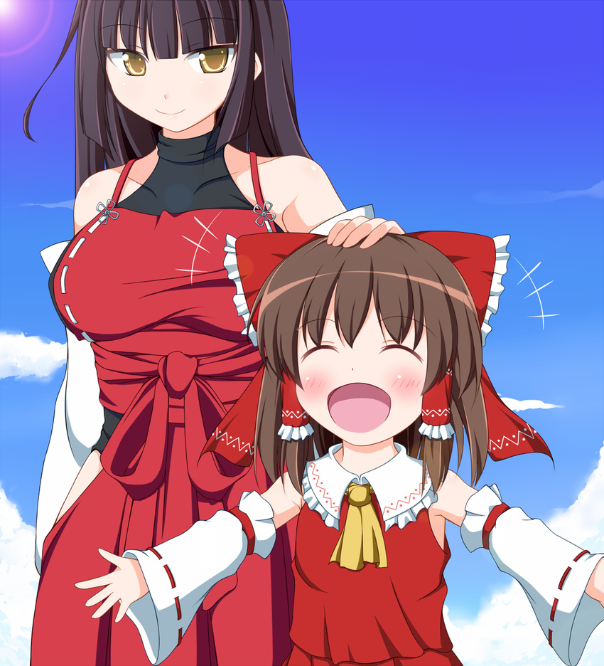 ^_^ ascot bangs bare_shoulders black_hair blunt_bangs blush breasts brown_hair closed_eyes cloud day detached_sleeves hakama hakurei_reimu halterneck hand_on_another's_head happy highres japanese_clothes large_breasts leotard m.u.g.e.n md5_mismatch multiple_girls nikku_(ra) nontraditional_miko open_mouth original petting red_hakama sendai_hakurei_no_miko sidelocks sky smile touhou yellow_eyes younger