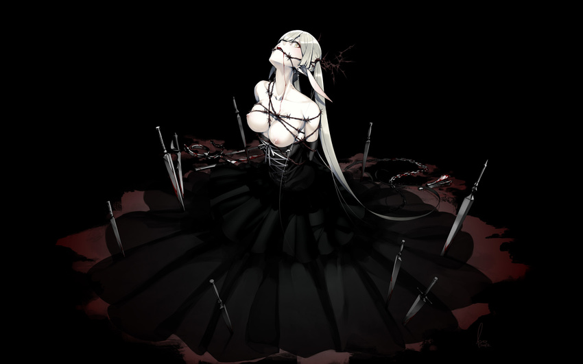 arms_behind_back barbed_wire bare_shoulders bdsm bite_mark black_background black_dress blood bondage bound breastless_clothes breasts cross cross_earrings dagger dress earrings gothic hair_over_one_eye highres jewelry knife kyo_(kuroichigo) large_breasts looking_at_viewer nipples original pale_skin planted_weapon pointy_ears silver_hair solo twintails vampire weapon widescreen yellow_eyes