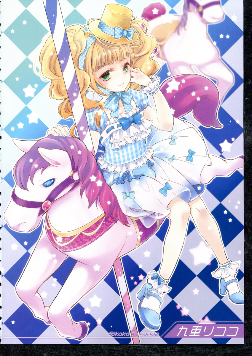 1boy :) absurdres androgynous blonde_hair bow bulge carousel crossdressing dress green_eyes hat high_heels highres horse male male_focus merry_go_round nail_polish oto_nyan penis ribbon shoes smile solo trap twintails