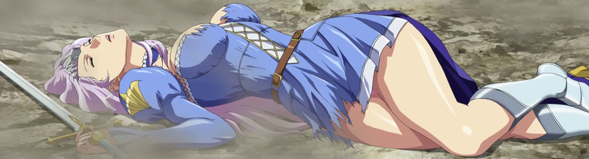 1girl annelotte defeated eyes_closed female highres laying_down long_hair long_image lying panties queen's_blade queen's_blade_rebellion queen's_blade queen's_blade_rebellion screencap sleeping solo stitched sword torn_clothes unconscious underwear weapon wide_image