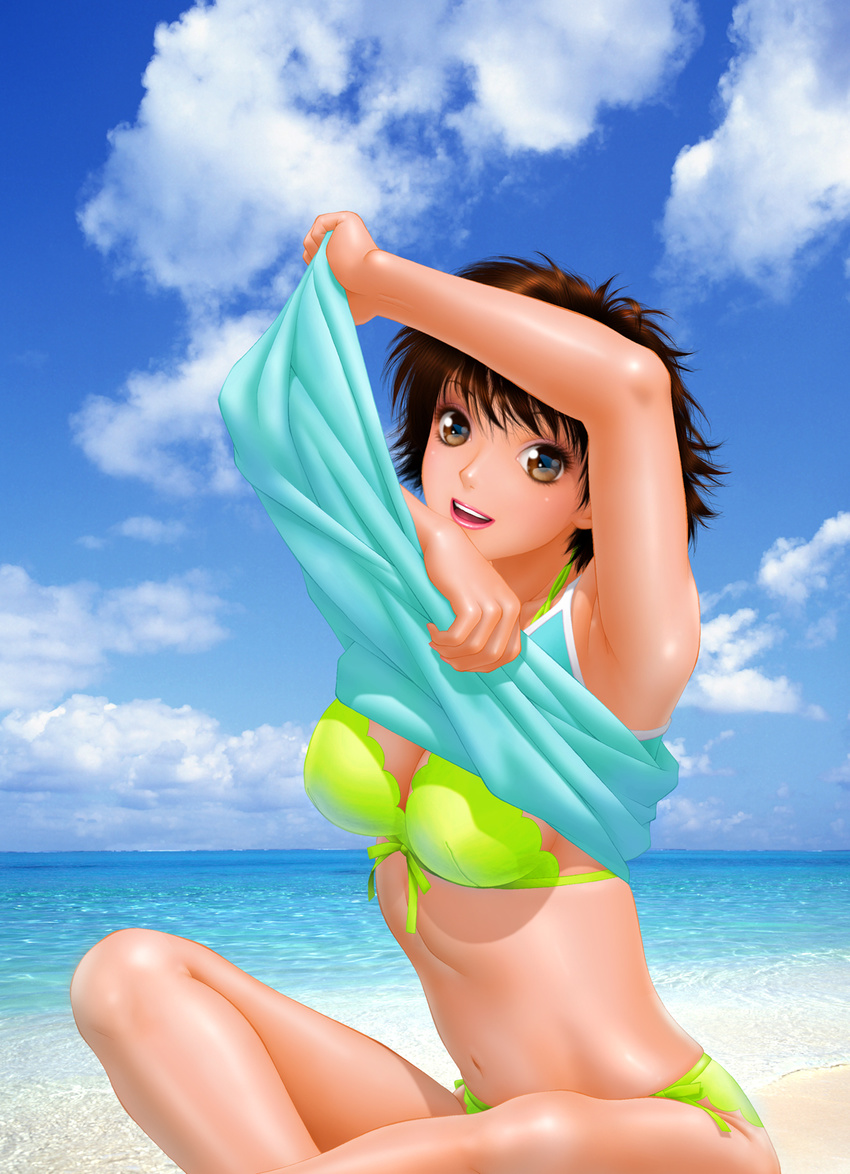 aqua_dress armpits arms_up bangs bare_shoulders beach bikini bikini_under_clothes blue_sky bow bow_bikini breasts brown_eyes brown_hair cleavage cloud cloudy_sky collarbone day dress dress_lift eyelashes eyeshadow from_side green_bikini green_bow halter_top halterneck happy head_tilt highres indian_style knee_up leaning_forward lifted_by_self lips lipstick looking_at_viewer looking_to_the_side makeup medium_breasts messy_hair navel ocean open_mouth original outdoors photo_background pink_lipstick shiny shiny_skin short_hair sideboob sitting sky smile solo spaghetti_strap stomach swimsuit undressing upper_teeth water yui_toshiki
