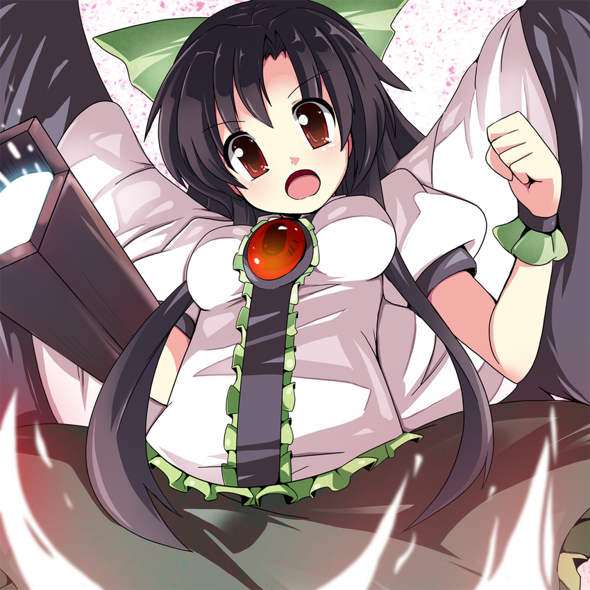 arm_cannon black_hair black_wings bow cape clenched_hand fa_no_hito hair_bow highres long_hair open_mouth red_eyes reiuji_utsuho skirt solo third_eye touhou weapon wings wrist_cuffs