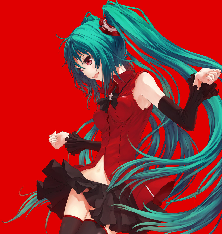 aqua_hair cola_miku detached_sleeves hatsune_miku highres long_hair navel open_mouth red_background red_eyes simple_background skirt solo thighhighs totuka twintails very_long_hair vocaloid zettai_ryouiki