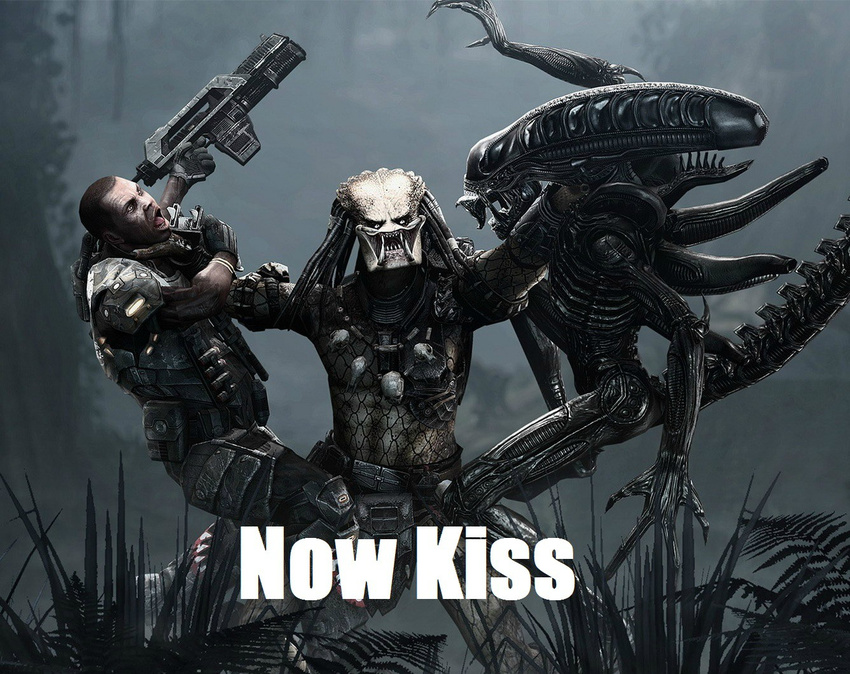 alien_(franchise) ambiguous_gender choking english_text group gun human humor image_macro lol_comments male mammal no_sex predator predator_(franchise) ranged_weapon strangling text unknown_artist weapon xenomorph yautja