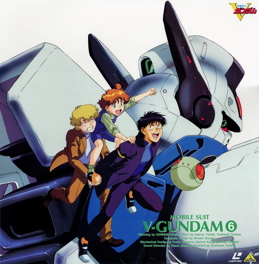 2boys black_hair blonde_hair cover formal gundam haro highres jacket katoki_hajime mecha multiple_boys odelo_henrik official_art red_hair shoes short_hair side_ponytail suit suzy_relane victory_gundam victory_gundam_hexa warren_trace