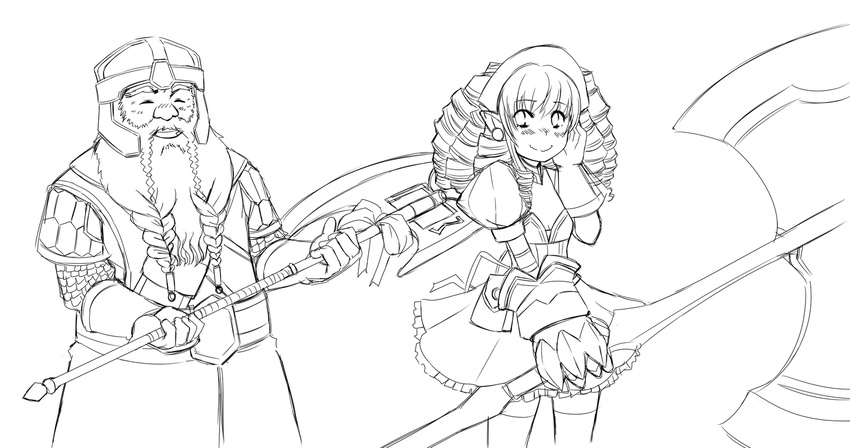 1girl armor axe battle_axe beard blush chainmail crossover dress dwarf earrings facial_hair flat_chest gift gimli gloves greyscale helmet highres jewelry kekekeke lineart lord_of_the_rings monochrome queen's_blade ribbon ringlets thighhighs weapon weapon_connection ymir_(queen's_blade)