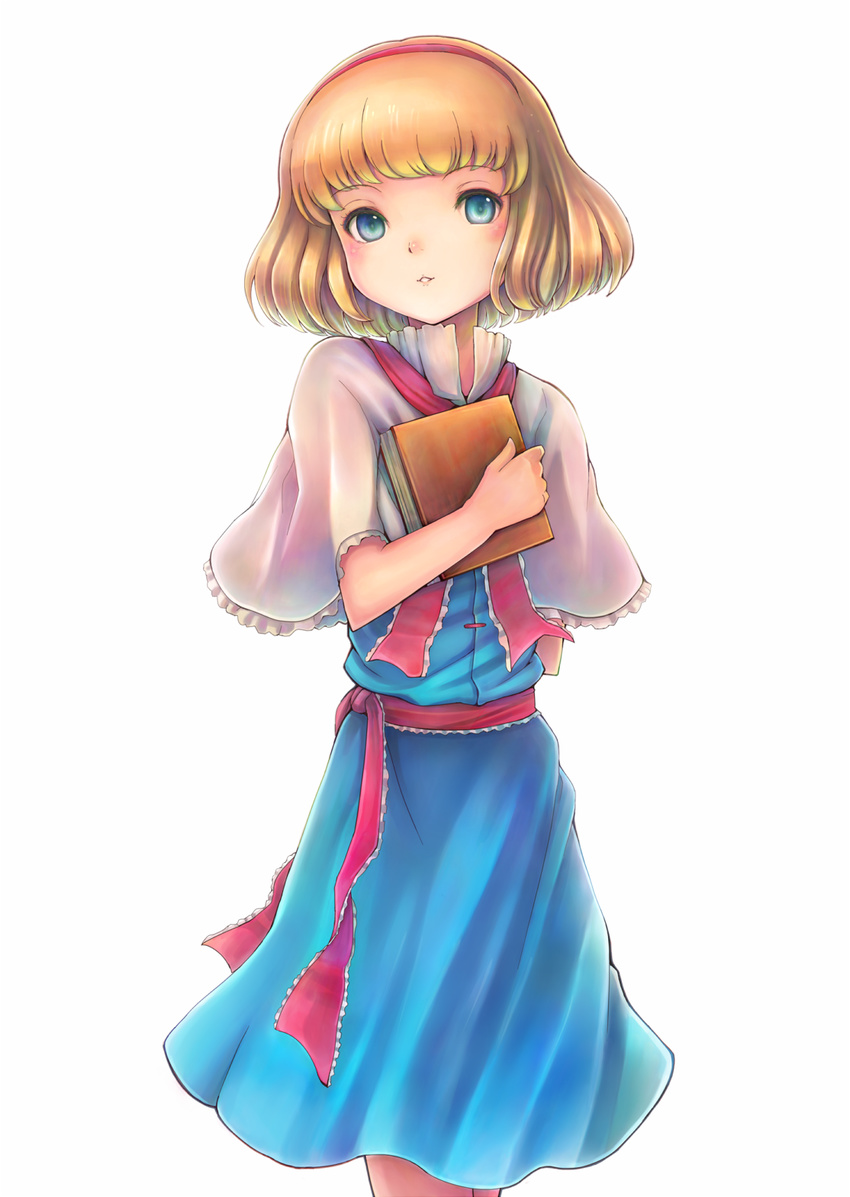 alice_margatroid bad_id bad_pixiv_id blonde_hair blue_eyes book book_hug capelet dress hairband highres holding holding_book ribbon sanntouhei short_hair smile solo touhou