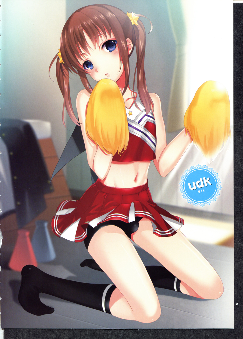 1boy blue_eyes brown_hair bulge cheerleader head_tilt male megaphone oto_nyan panties pigtails pom_poms school_uniform skirt solo stockings trap udk