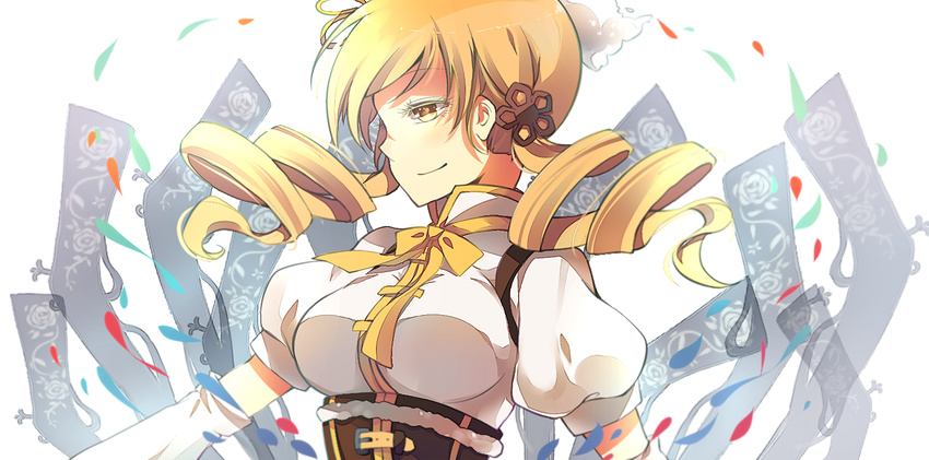 anthiea bad_id bad_pixiv_id blonde_hair breasts corset drill_hair hair_ornament large_breasts magical_girl mahou_shoujo_madoka_magica smile solo tomoe_mami twin_drills twintails yellow_eyes
