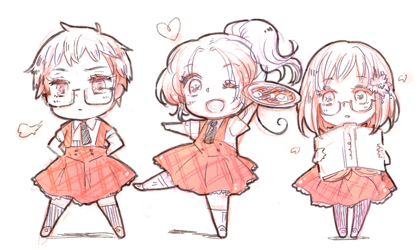 ahoge alternate_costume axis_powers_hetalia bangs black_legwear book chibi dress flower food frills genderswap genderswap_(mtf) germany_(hetalia) glasses hair_flower hair_intakes hair_ornament hands_on_hips happy heart holding_pizza japan_(hetalia) monochrome multiple_girls necktie northern_italy_(hetalia) one_eye_closed open_book open_mouth pantyhose parted_bangs petals pizza plate ponytail school_uniform short_hair short_sleeves sigh sketch skirt standing standing_on_one_leg wavy_hair white_legwear