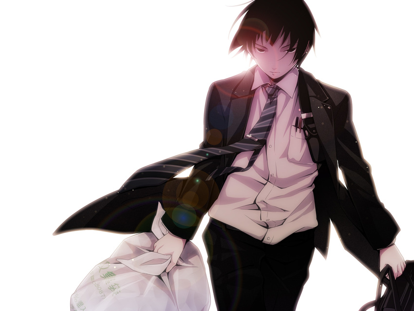 axis_powers_hetalia bag black_eyes black_hair highres holding japan_(hetalia) lens_flare male_focus necktie pd-x plastic_bag shirt solo white_background wind