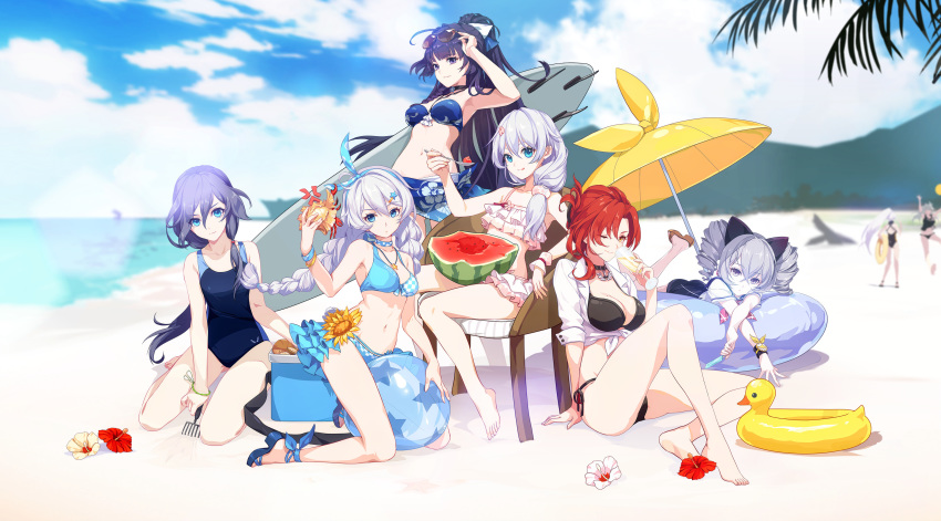 absurdres adjusting_eyewear ahoge alternate_costume ankle_ribbon aqua_bikini armpits ass ball bangle bangs bare_shoulders beach beach_umbrella beachball bikini black_bikini blue_bikini blue_bow blue_eyes blue_footwear blue_ribbon blue_sarong blue_sky blue_swimsuit blurry blurry_background blush bow bracelet braid breasts bronya_zaychik brown_footwear cecilia_shania chair choker cici cleavage closed_mouth clothes_writing collarbone cooler crossed_bangs cup day drill_hair eyebrows_visible_through_hair eyewear_on_head floral_print flower food frilled_bikini frills fruit fu_hua_(honkai_impact) hair_between_eyes hair_bow hair_ornament hair_over_shoulder hairband hairclip hibiscus highres holding holding_cup holding_food holding_innertube holding_spoon holding_surfboard honkai_impact innertube jewelry kallen_kaslana kiana_kaslana knee_up large_breasts lavender_eyes lavender_hair licking_lips long_hair looking_at_viewer lying medium_breasts mole mole_on_breast multiple_girls murata_himeko neck_ribbon neckerchief necklace ocean official_art on_stomach one-piece_swimsuit one_eye_closed open_mouth outdoors palm_tree parted_bangs parted_lips pendant pink_neckwear ponytail popsicle purple_eyes purple_hair raiden_mei red_hair ribbon sand sandals sarong school_swimsuit see-through shirt side_braid sidelocks silver_hair sitting sky sleeve_cuffs small_breasts smile source_request spoon star star_hair_ornament sunflower sunglasses swimsuit theresa_apocalypse tied_hair tied_shirt tongue tongue_out tree twin_braids twin_drills twintails umbrella very_long_hair watermelon white_bow white_shirt wing_collar wristband yellow_eyes