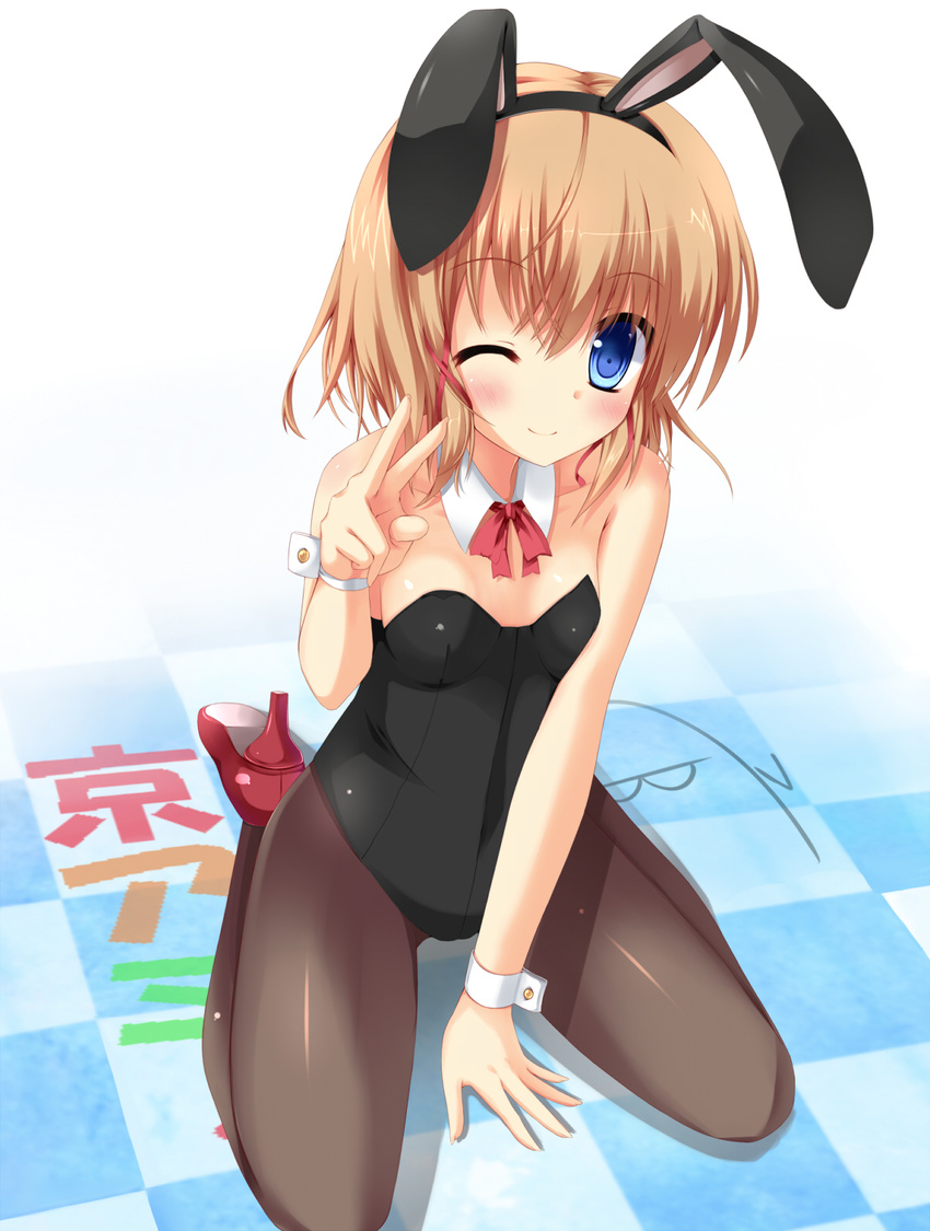 animal_ears blue_eyes brown_hair bunny_ears bunnysuit detached_collar fujieda_uzuki highres kyou_ami! one_eye_closed pantyhose ribbon short_hair sitting takahi_ayuno wariza wrist_cuffs