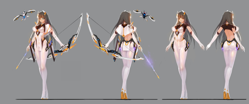 300_heroes absurdres arrow ass bow_(weapon) breasts capelet character_sheet elbow_gloves glasses gloves grey_background grey_hair headgear high_heels highres large_breasts leotard long_hair looking_at_viewer multiple_views orange_eyes pantyhose pelvic_curtain shiny shiny_clothes simple_background solo standing weapon white_legwear white_leotard zhuore_zhi_hen