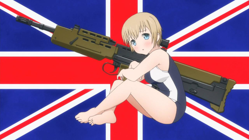 1girl blue_eyes british_flag brown_hair l85a1 large_breasts swimsuit upotte!!