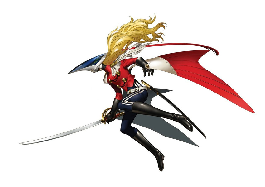 belt black_gloves blonde_hair boots full_body gloves helmet long_hair male_focus official_art persona persona_4 persona_4_the_golden simple_background soejima_shigenori solo sword weapon white_background yamato_sumera_mikoto