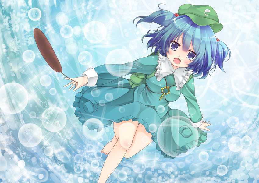 backpack bag barefoot blue_eyes blue_hair cattail hair_bobbles hair_ornament hat highres kawashiro_nitori key open_mouth plant short_hair snowcanvas solo touhou two_side_up